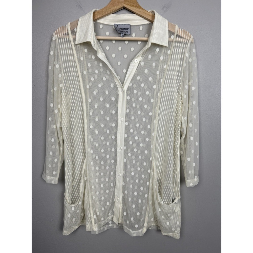 Cream Sheer Mesh Polka Dot Button Front Shirt Whimsy Etheral Long Sleeve‎ Blouse